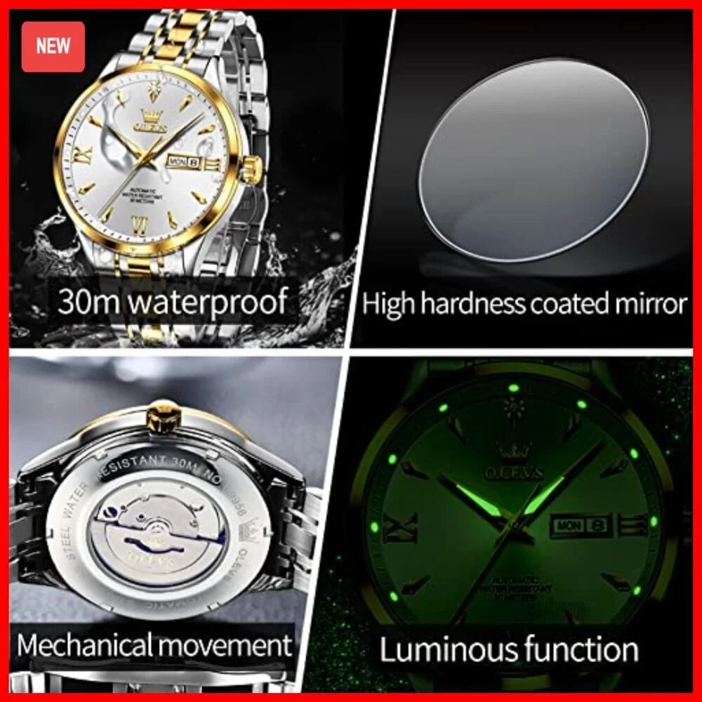 Automatic Mechanical Men's Dress Watch Stainless Steel Waterproof Luminous Day